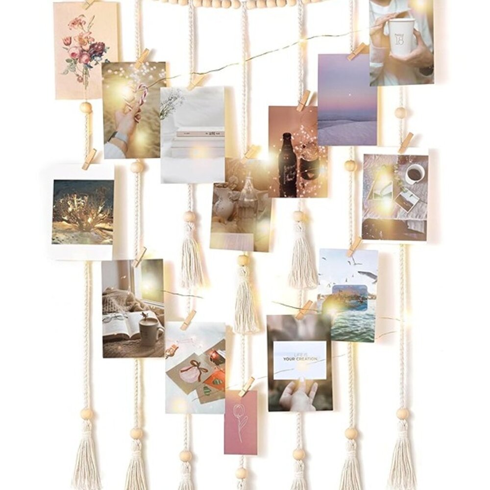 NEW Macrame Hanging Photo Display Wall Decor with String Lights - Picture 3 of 8